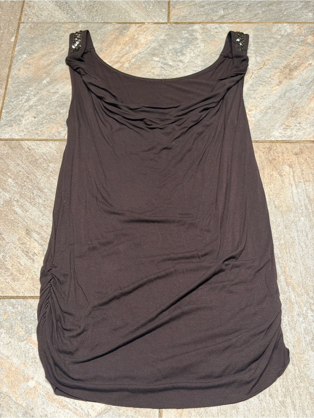 Embellished Shoulder Cowl Tank Top - Dark brown
